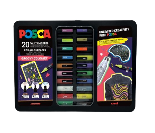 Reducere 20% - Set 20 Markere POSCA Groovy Colours , Editie Limitata cu 3 Varfuri E i Cutie Metalica 1 Set 20 Markere POSCA Groovy Colours