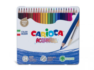 Set 24 creione colorate Carioca Aquarelle si cutie metalica pentru depozitare