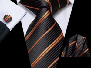 Set cravata neagra cu auriu + batista + butoni - matase -- model 853