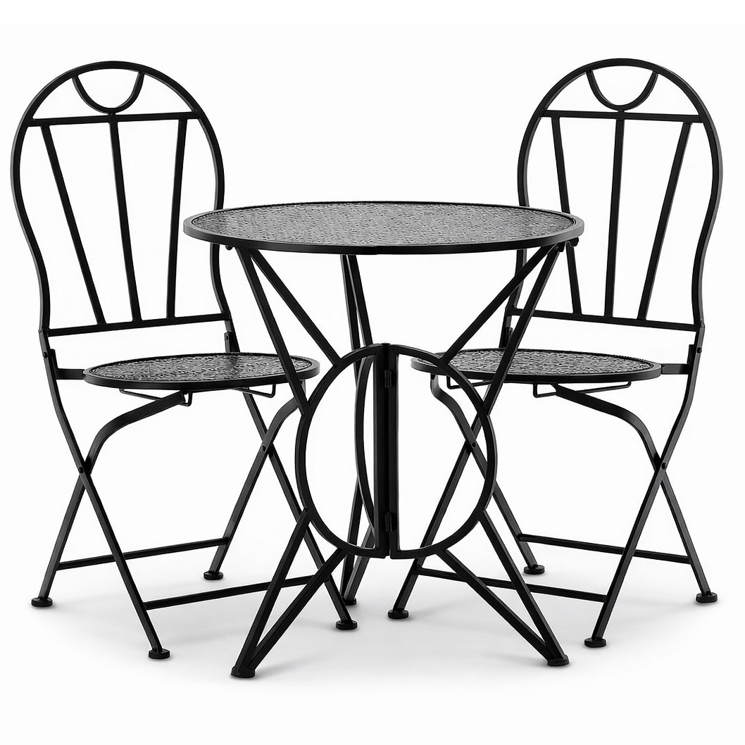 Reducere 20% - Set mobilier gradina metalic masa 60x60 si 2 scaune vintage, 50x40x94 cm, pliabil, negru mat 1 Set mobilier gradina metalic masa 60x60 si 2 scaune vintage