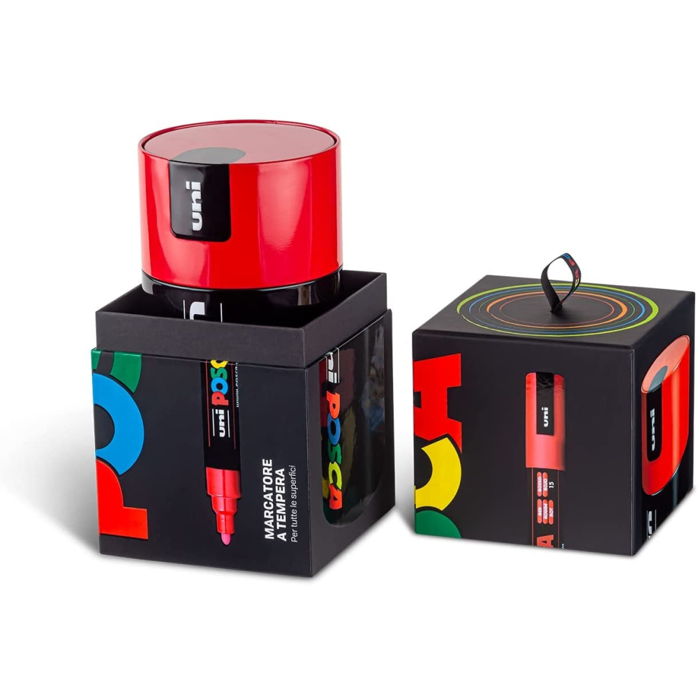 Set Posca 13 markere cu 3 tipuri de varfuri în cutie metalică rotunda