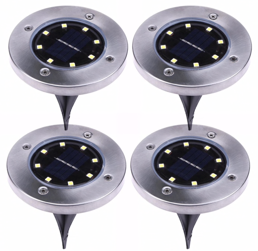 Reducere 71% - Set 4 Lampi Solare metalice Argintii Disk Lights pentru gradina 1 Set 4 Lampi Solare metalice Argintii Disk Lights pentru gradina