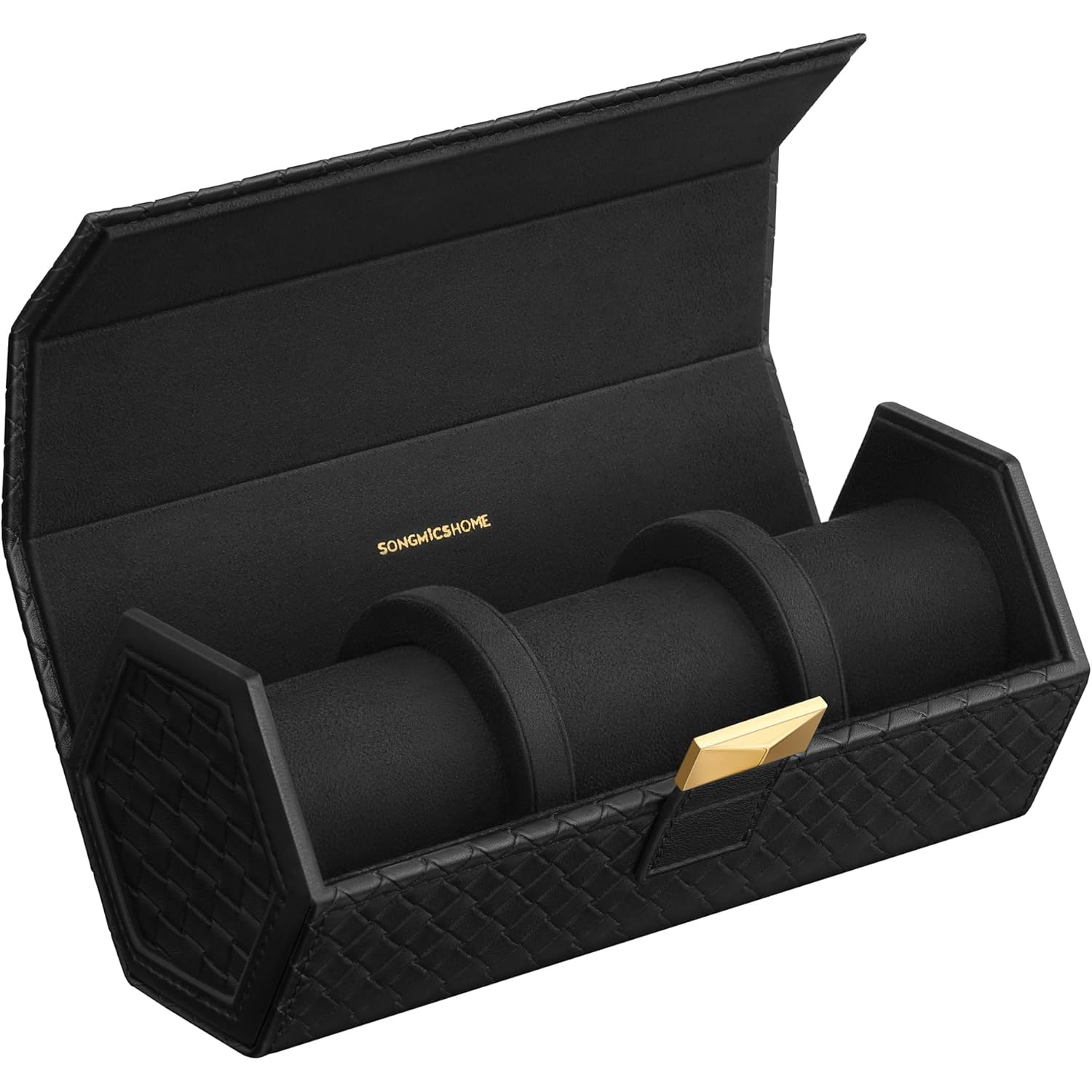 Reducere 21% - Cutie voiaj ceasuri ronne 3 compartimente spatiu ascuns, 21x10x9 cm, design hexagonal, negru 1 Cutie voiaj ceasuri ronne 3 compartimente spatiu ascuns