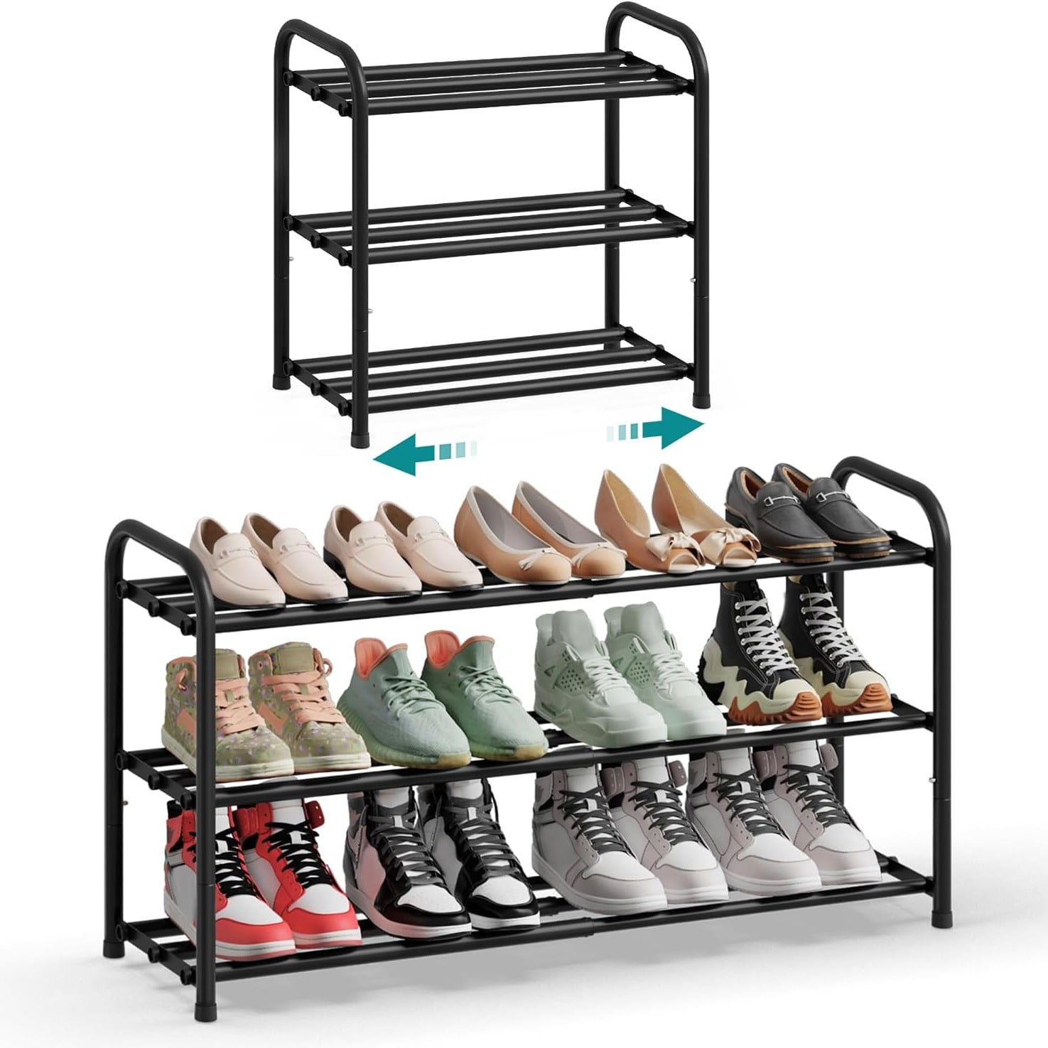Reducere 21% - Raft extensibil pentru incaltaminte, 3 niveluri, metal, pana la 12 perechi pantofi, reglabil 25x48x(44-82) cm, negru 1 Raft extensibil pentru incaltaminte
