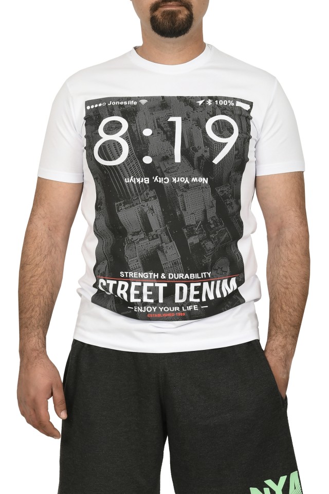 Reducere 25% – Tricou barbat cu imprimeu Street Denim, alb (Marime tricou: M) 1 Tricou barbat cu imprimeu Street Denim