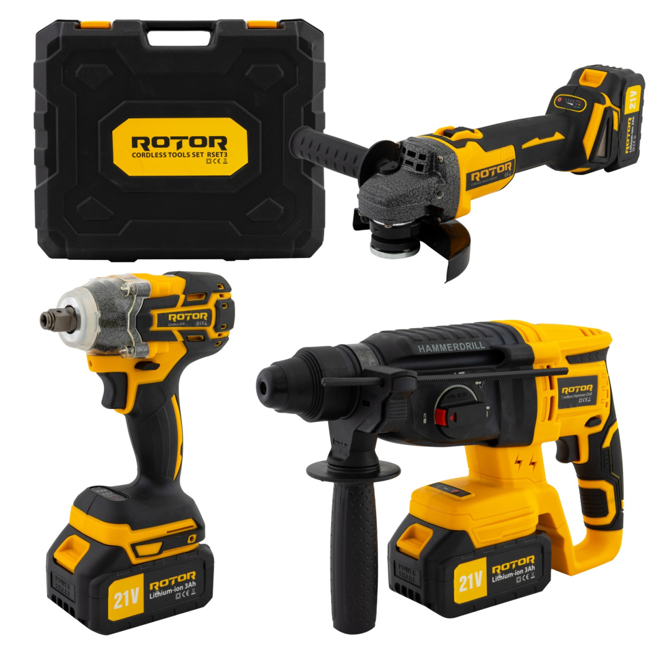 Reducere 20% - Trusa de Scule 3 in 1 Rotor RSET3, Rotopercutor, Polizor Unghiular, Autofiletanta 21V/3Ah 1 Trusa de Scule 3 in 1 Rotor RSET3