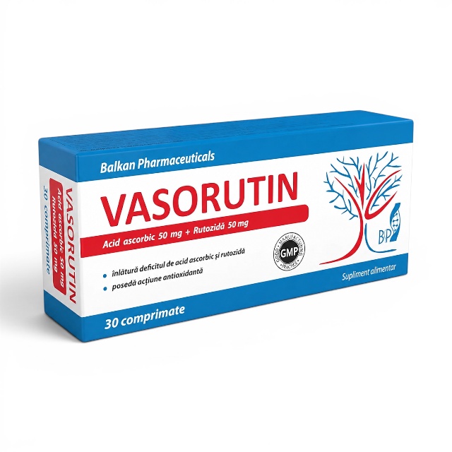 Reducere 15% - Vasorutin Rutozidă și Vitamina C, 30 comprimate, Balkan Pharmaceuticals 1 Vasorutin Rutozidă și Vitamina C