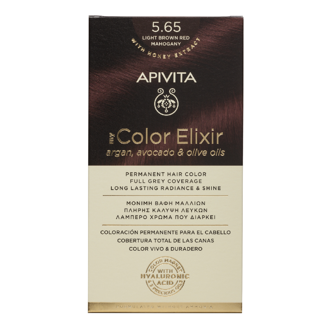 Reducere 22% - Vopsea de par My Color Elixir Light Brown Red Mahogany 5.65, 155 ml, Apivita 1 Vopsea de par My Color Elixir Light Brown Red Mahogany 5.65