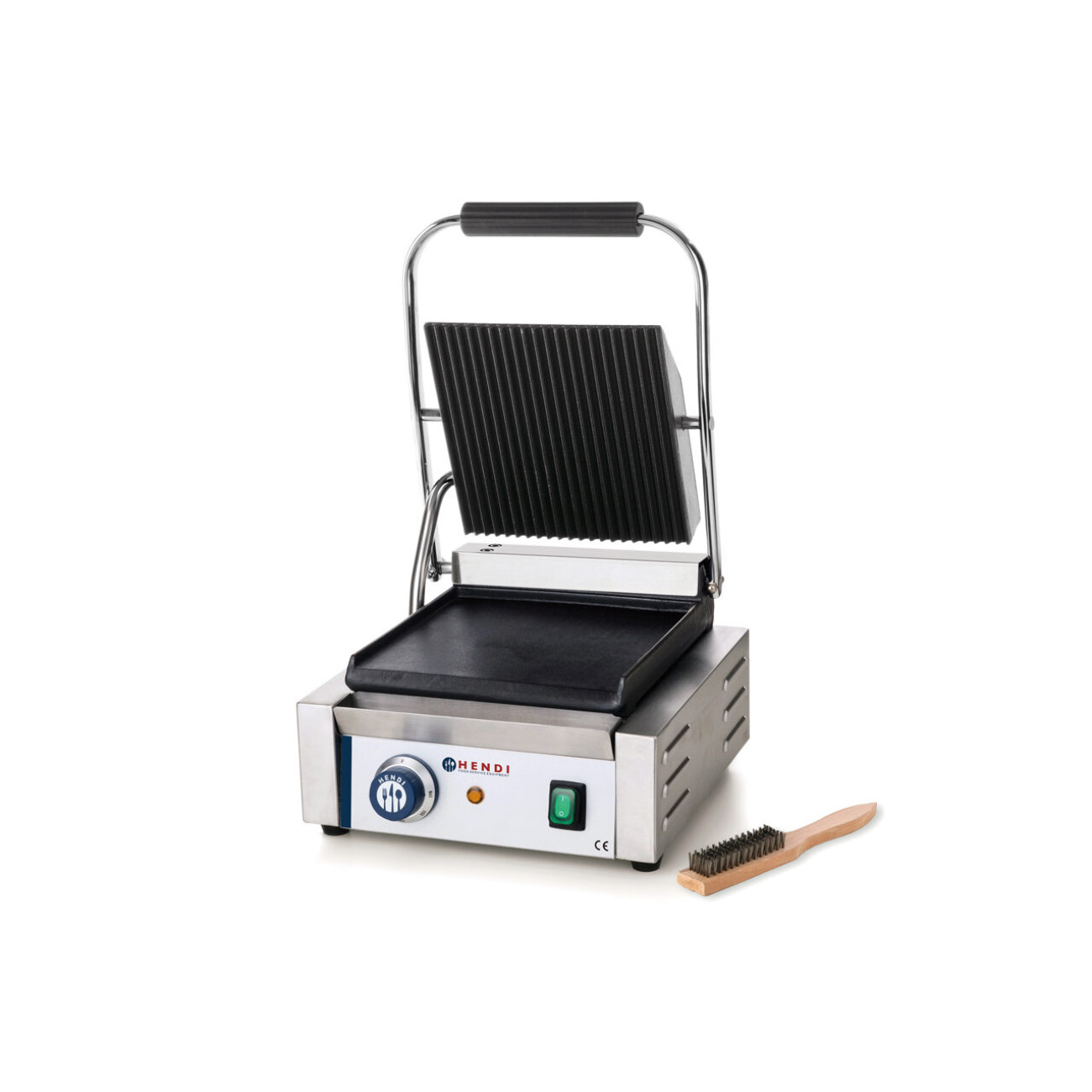 Reducere 20% – Contact Grill Profesional Hendi, Partea Superioara Striata, Partea Inferioara Neteda, 1800W, termostat 0-300 gr C, 29x37x(H)21 cm, Grill 22 x 23 cm 1 Contact Grill Profesional Hendi