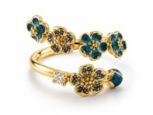 Inel Navy Blue Flowers cu Aur Reglabil