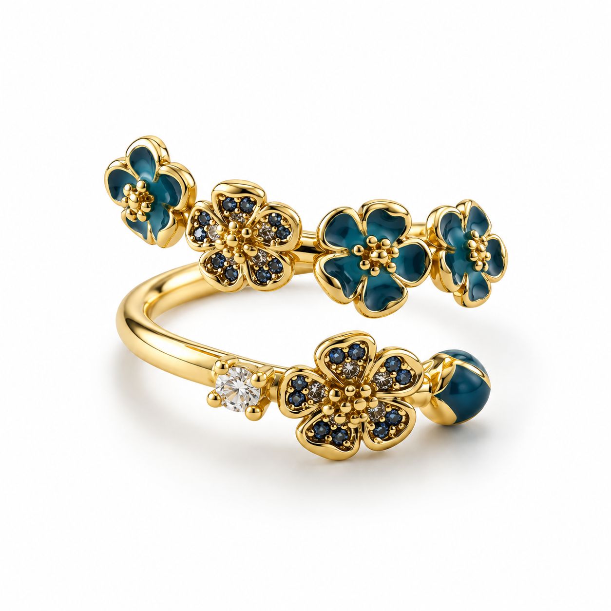 Reducere 39% - Inel Navy Blue Flowers cu Aur Reglabil 1 Inel Navy Blue Flowers cu Aur Reglabil
