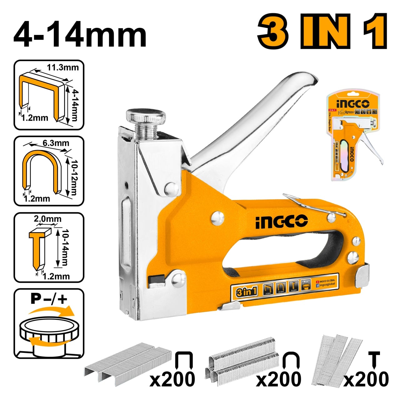 Capsator Lemn Tapiterie 3 în 1 cu 200 Capse, 4-14mm, Ingco HSG1405