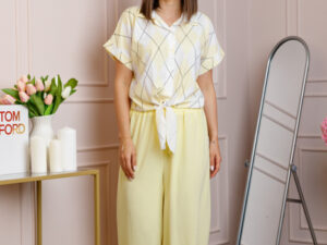 Compleu dama galben pastel cu pantaloni largi si bluza cu nod Candice