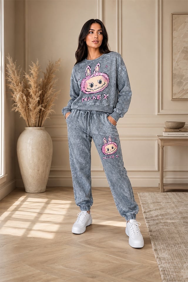 Reducere 42% - Compleu sport Bubelle, cu imprimeu grafic si pantaloni jogger, GRI 1 Compleu sport Bubelle