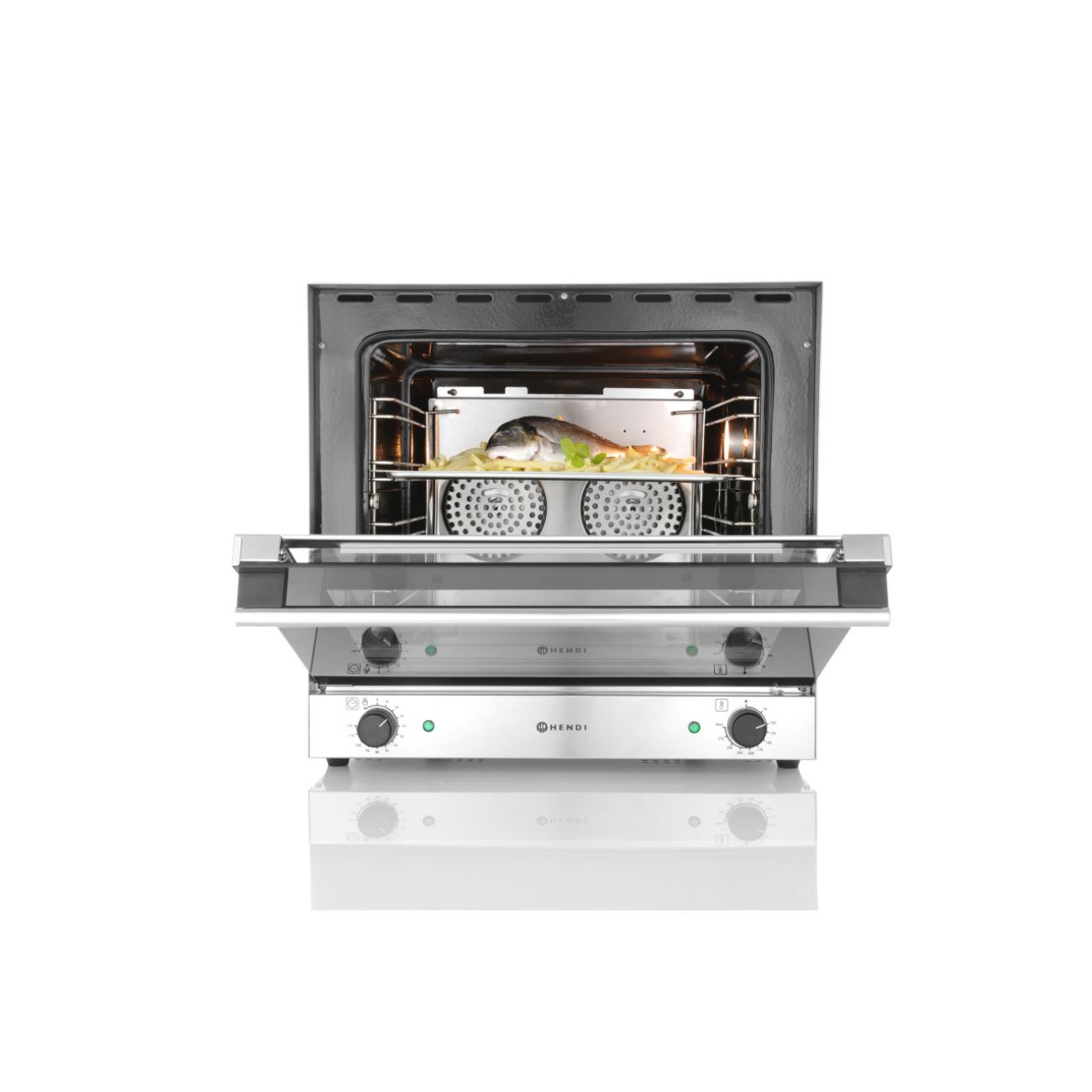 Reducere 30% – Cuptor Inox cu Convectie, H90, 2670 W cu 4 Tavi, 2 Elemente Incalzire, 2 Ventilatoare, Termostat Reglabil 50-300 gr C, Timer 0-120 min 2 H90