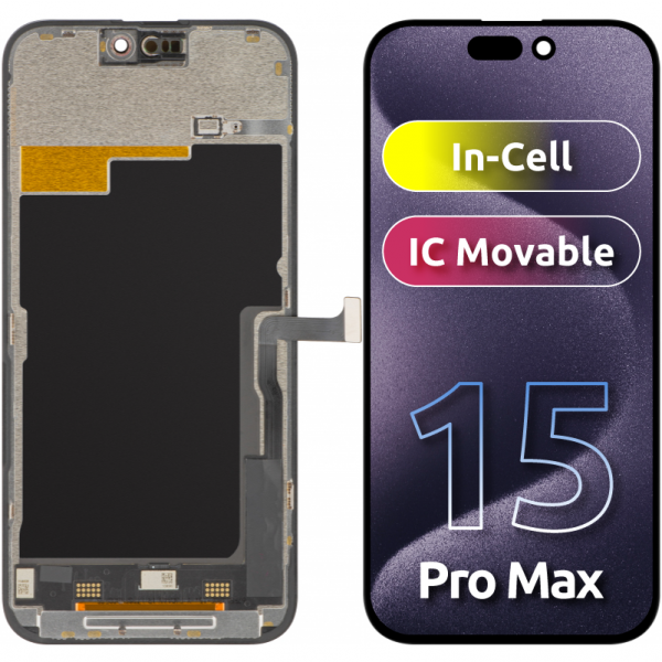 Reducere 23% – Display cu Touchscreen ZY pentru Apple iPhone 15 Pro Max, cu Rama, Versiune LCD In-Cell IC Movable, Negru 1 Display cu Touchscreen ZY pentru Apple iPhone 15 Pro Max