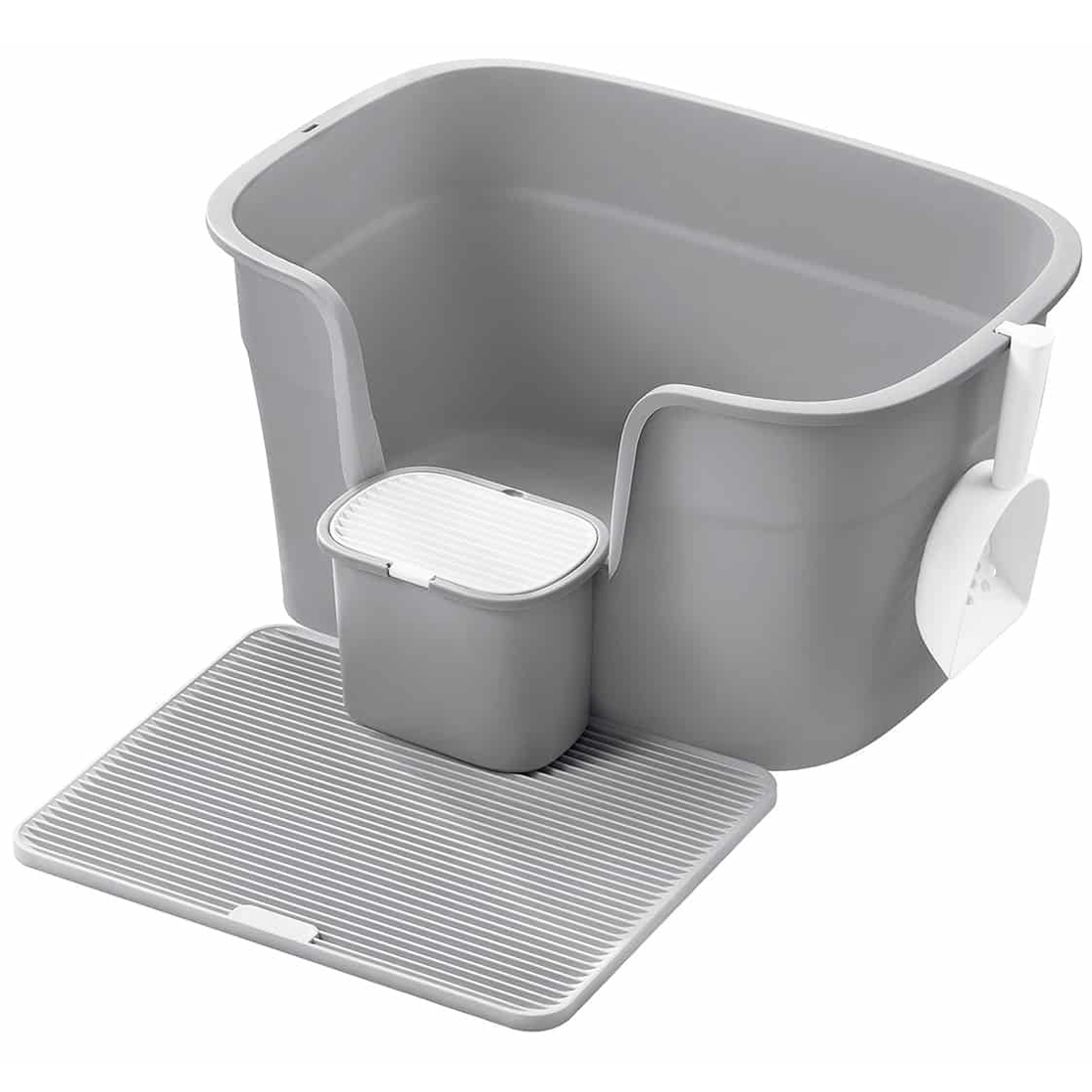 Reducere 20% - Litiera pisici xl pereti inalti colector nisip depozitare, 64x44x33 cm, design deschis, gri 1 Litiera pisici xl pereti inalti colector nisip depozitare