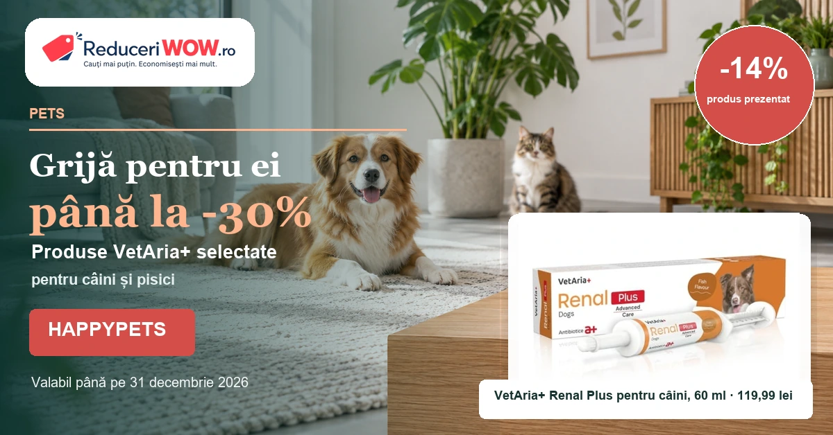 HappyPets: până la 30% reducere la produse VetAria+ pentru câini și pisici