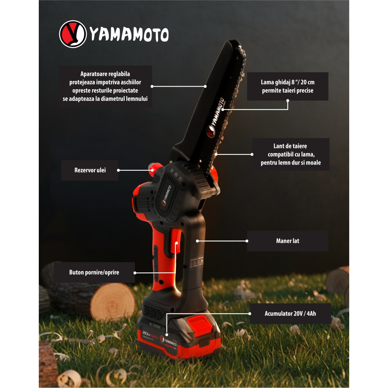 Reducere 20% – Mini Drujba 8" pe Acumulator cu 1 Acumulator 20v/4Ah si Incarcator Yamamoto YBS-84 5400 rot/min, Brushless 2 Brushless