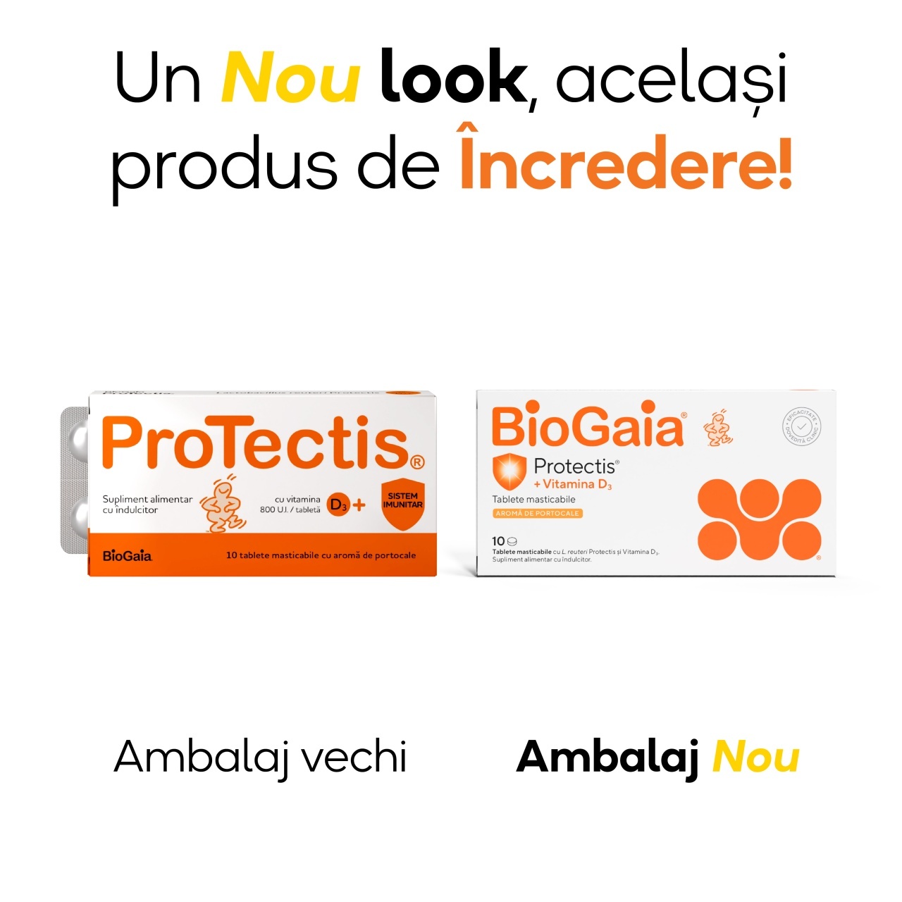 Reducere 20% – Protectis cu vitamina D3 800 UI portocale, 10 tablete masticabile, BioGaia 1 Protectis cu vitamina D3 800 UI portocale