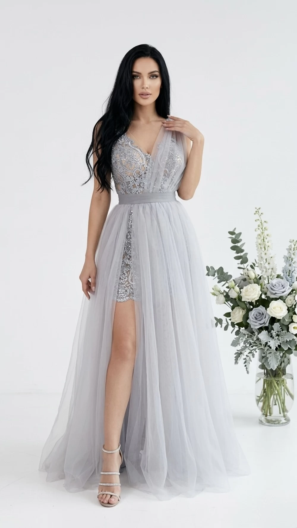 Reducere 10% - Rochie lunga din tull gri cu broderie argintie pretioasa 1 Rochie lunga din tull gri cu broderie argintie pretioasa