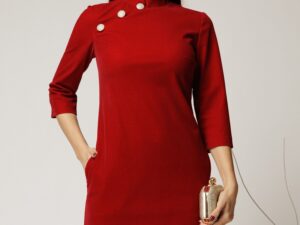 Rochie DY Fashion rosie din catifea fixa cu guler tunica si nasturi