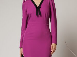 Rochie DY Fashion scurta magenta office conica cu decolteu in V si funda