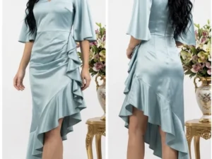 Rochie eleganta midi aqua asimetrica