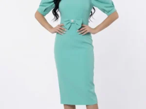 Rochie eleganta aqua cu funda la talie si maneca scurta bufanta
