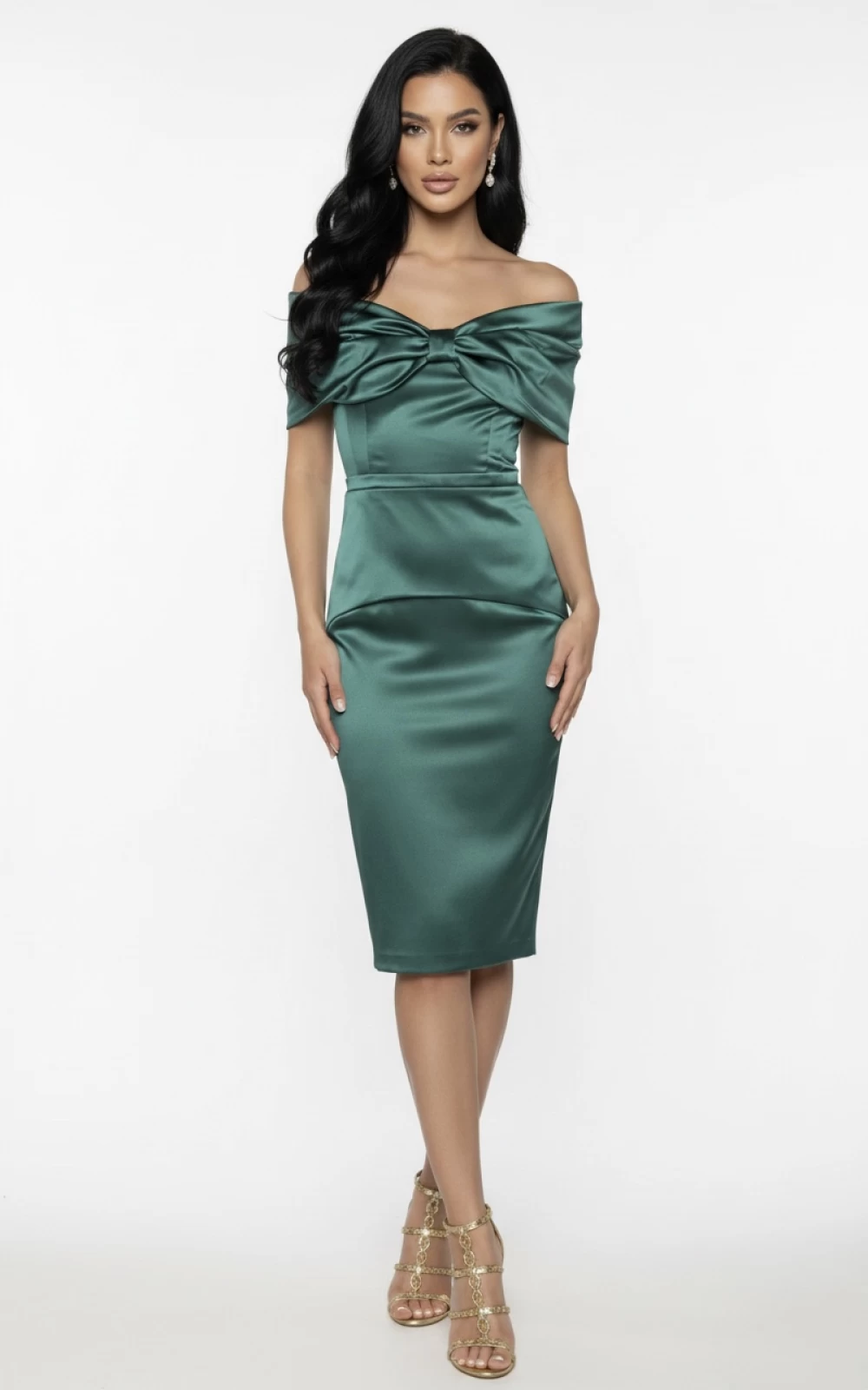 Reducere 10% - Rochie de ocazie din tafta verde cu funda maxi la bust 1 Rochie de ocazie din tafta verde cu funda maxi la bust