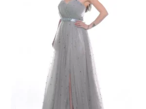 Rochie eleganta lunga din tull cu perlute multicolore