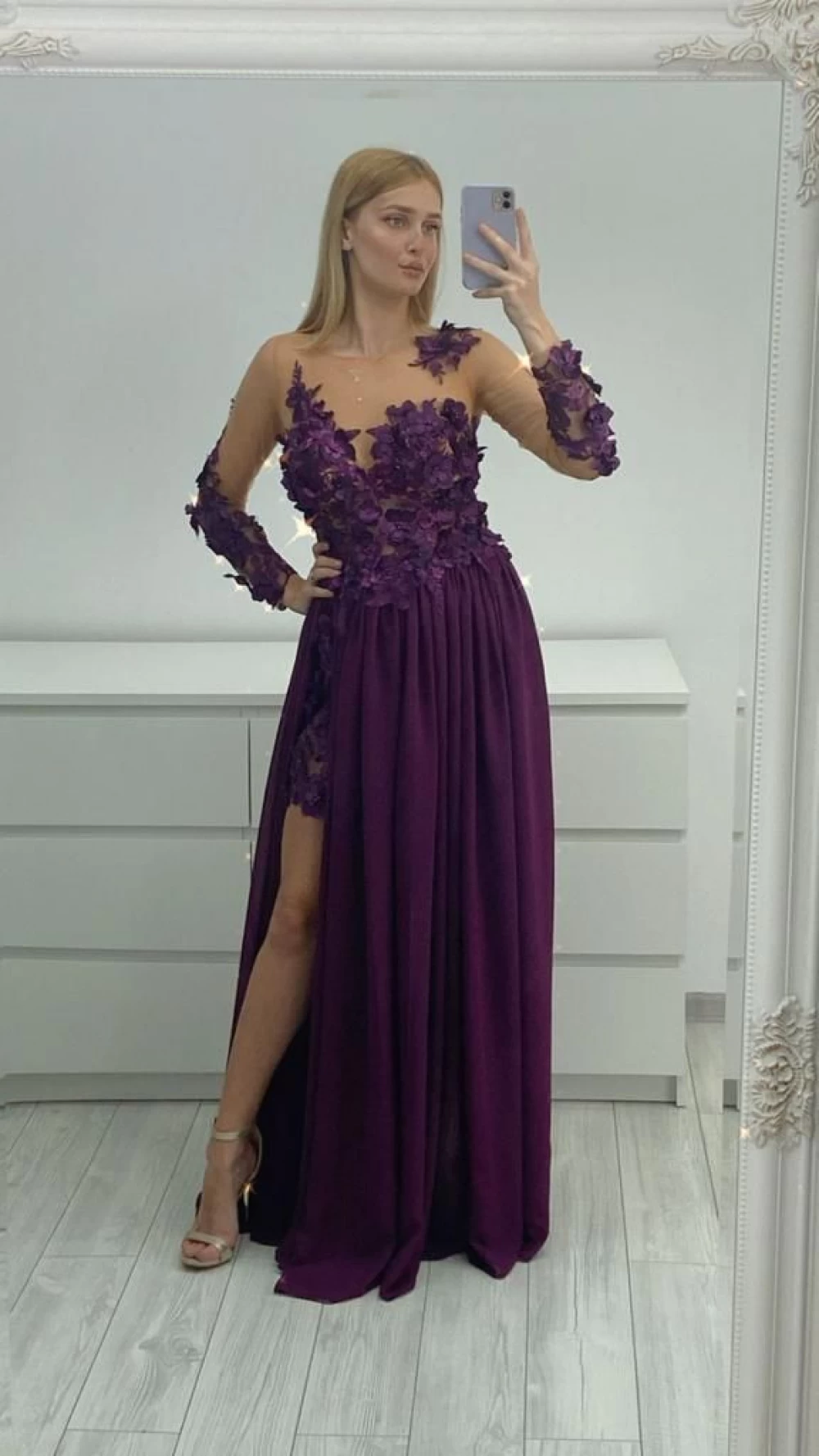 Reducere 10% - Rochie lunga din voal cu broderie florala 3D 1 Rochie lunga din voal cu broderie florala 3D