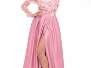 Rochie lunga din tafta roz prafuit cu broderie florala 3D