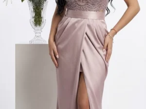 Rochie de ocazie lunga din tafta cu slit in partea din fata si falduri in laterale