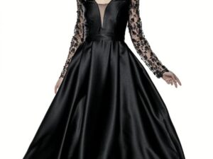 Rochie neagra din tafta asimetrica cu dantela in partea superioara