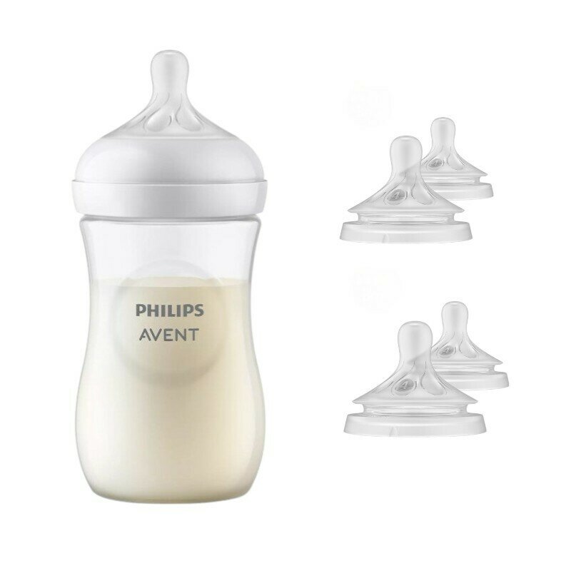 Reducere 60% - Set 1 x biberon, Philips Avent, Natural Response, +1 luna, 260 ml, Anticolici + 4 x tetine cu debit 4 (mediu), 3 luni+ 1 Set 1 x biberon