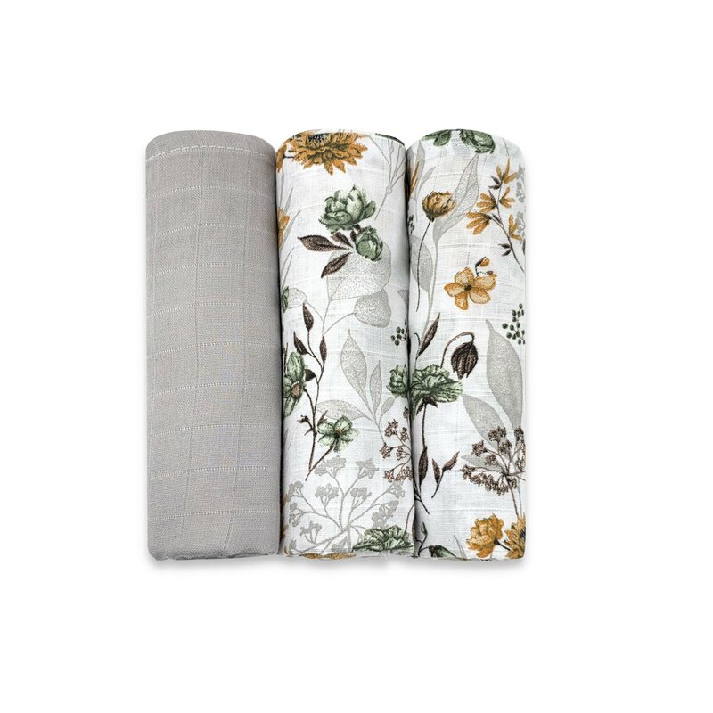 Reducere 69% – Set 3 museline, Qmini, Multifunctionale, Din bumbac certificat Oeko Tex Standard 100, 75x75 cm, Botanica si Grey 1 Set 3 museline