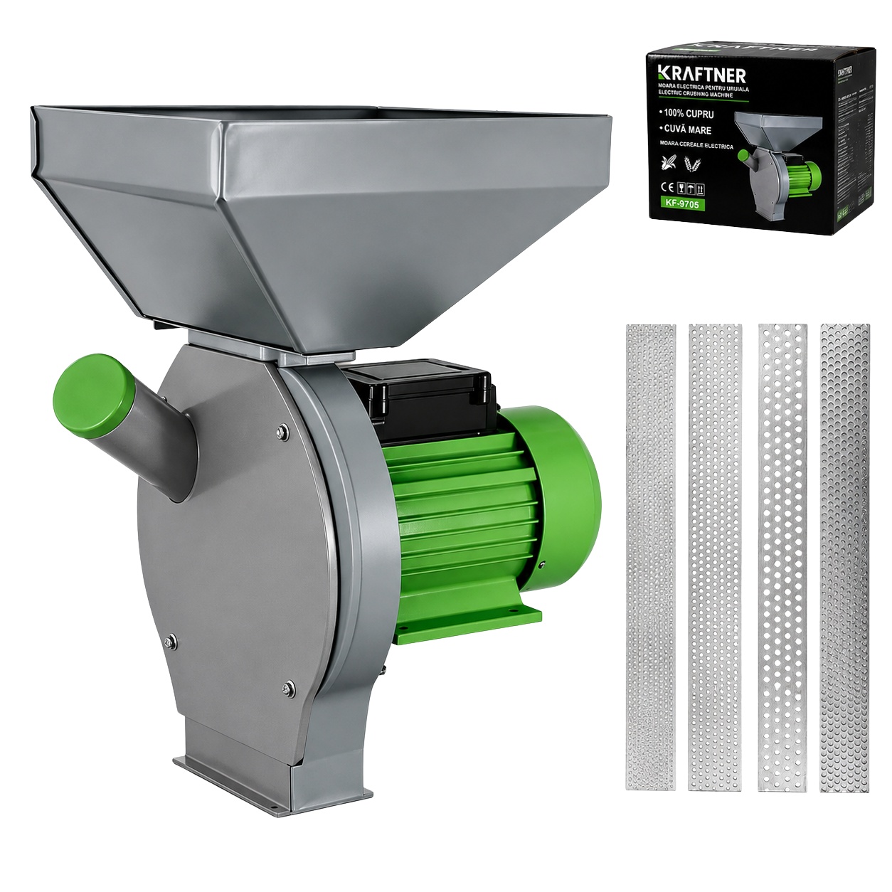 Reducere 39% - Set Moara Electrica Uruiala 4.5KW, + SUPORT, 300kg/ora, cereale, 4 site, 20 Ciocanele, Cuva Extra Mare Made by KRAFTNER KF-9705 2 + SUPORT