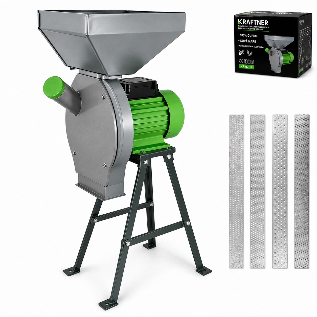 Reducere 39% - Set Moara Electrica Uruiala 4.5KW, + SUPORT, 300kg/ora, cereale, 4 site, 20 Ciocanele, Cuva Extra Mare Made by KRAFTNER KF-9705 1 Set Moara Electrica Uruiala 4.5KW