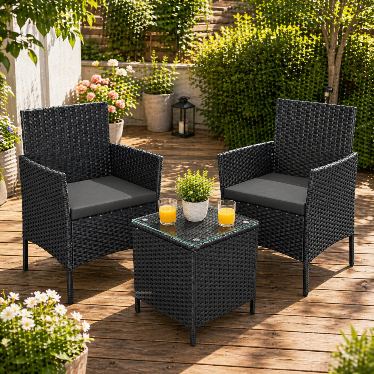 Reducere 20% - Set mobilier gradina cu 2 locuri, 2 scaune si masa cu sticla, ratan PE, negru si gri 1 Set mobilier gradina cu 2 locuri