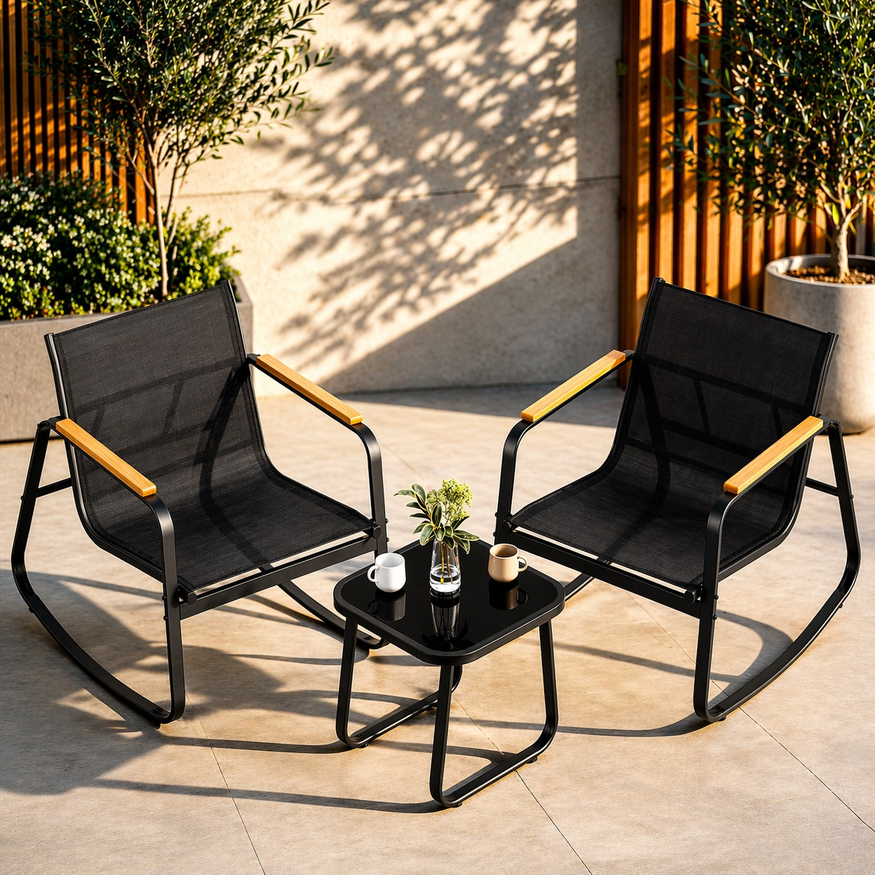 Reducere 20% – Set mobilier gradina cu 2 scaune balansoar si masa, cadru metalic, negru 1 Set mobilier gradina cu 2 scaune balansoar si masa