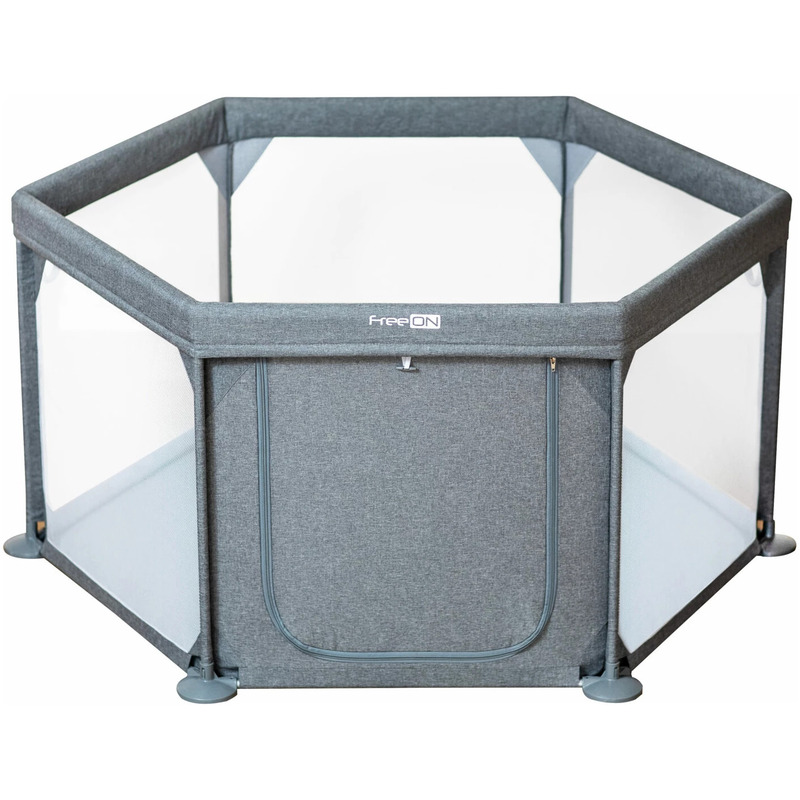 Reducere 47% - Tarc de joaca, FreeON, Hexagonal, Pentru bebe, Cu 4 manere, Intrare cu fermoar, Cu geanta de transport, 117 x 67 x 67 cm, Conform cu standardul european de securitate EN 12227:2010, Grey 1 Tarc de joaca