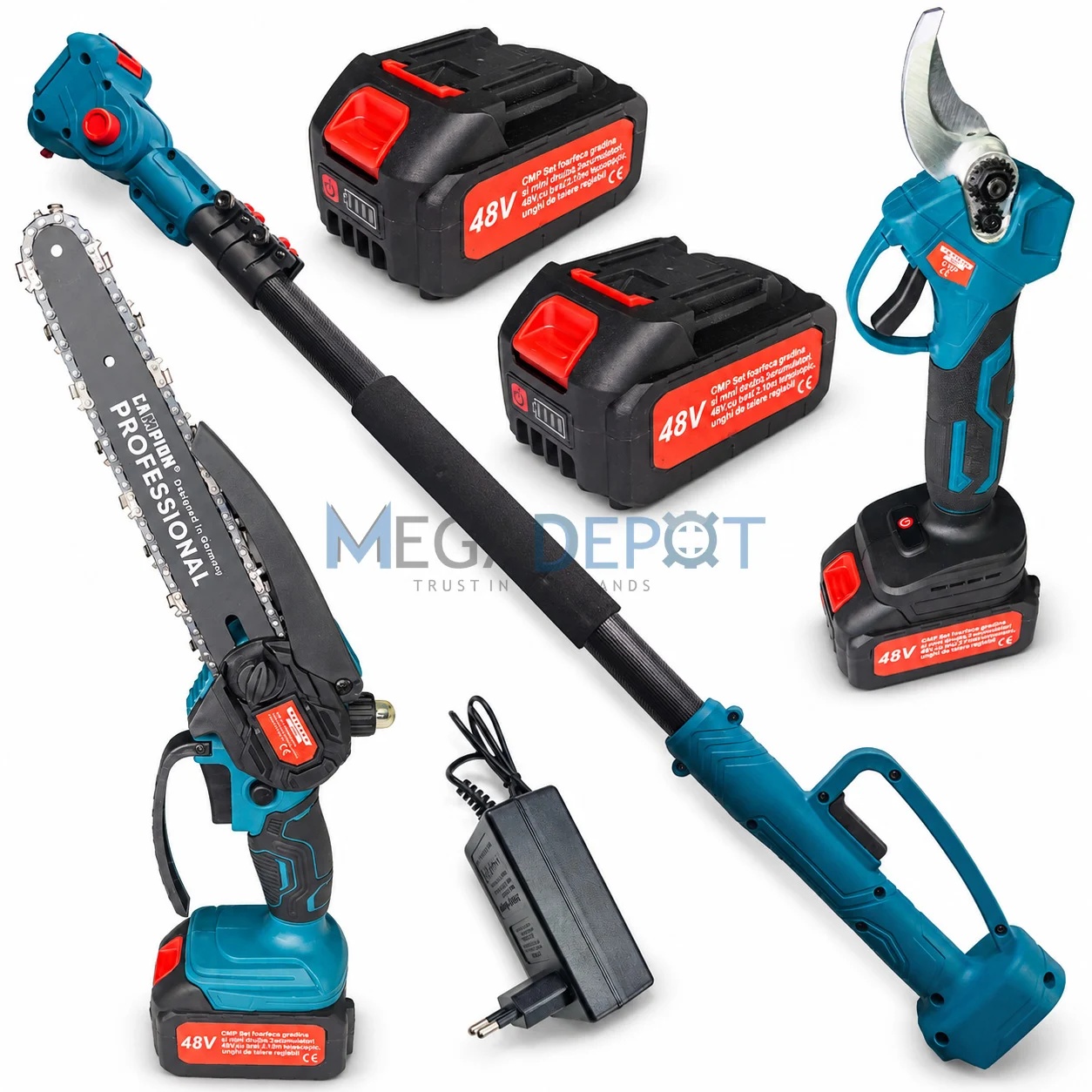 Reducere 23% – Set Foarfeca de Gradina și Mini Drujba 48V 8Ah , 2 Acumulatori, Brat Telescopic 2 m, Unghi Reglabil de Taiere electrica CMP1757 1 Set Foarfeca de Gradina și Mini Drujba 48V 8Ah