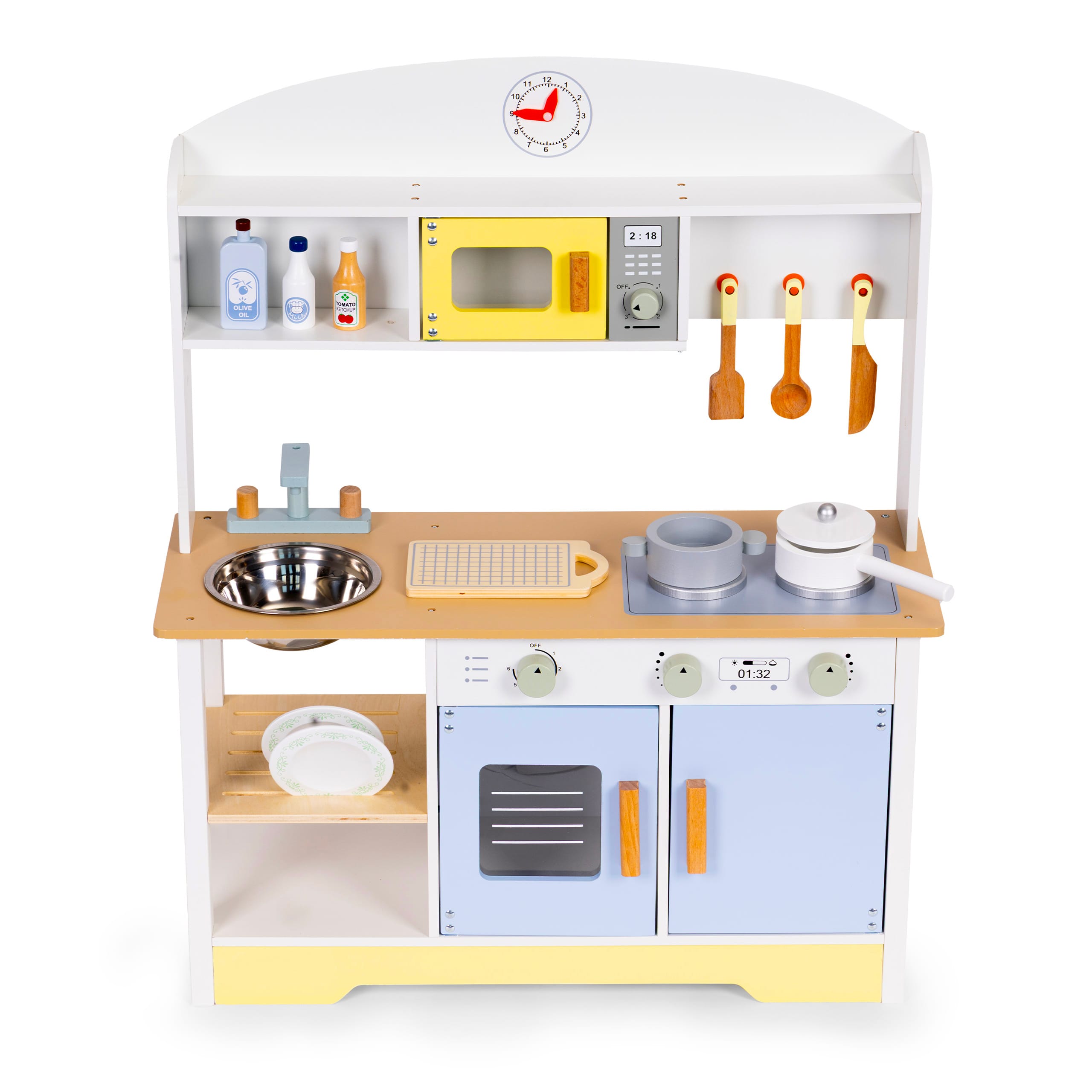 Reducere 25% – Bucatarie copii Ecotoys, lemn, cuptor microunde, masina de spalat, 12 accesorii, multicolor KID007349 2 lemn