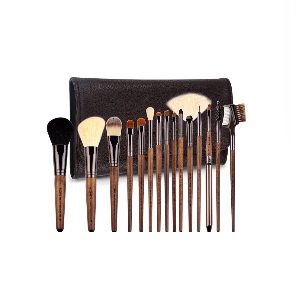 Set 15 pensule machiaj profesionale ZOREYA cu husa din piele, mâner lemn nuc