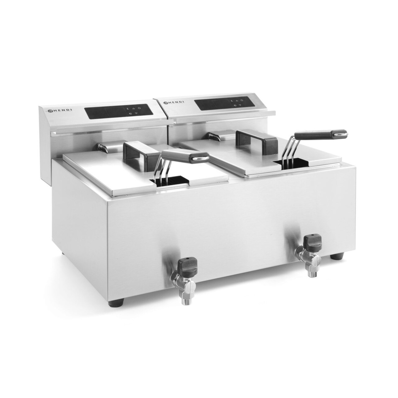 Reducere 23% – Friteuza electrica profesionala dubla Master Cook, 2x8 litri, 2x3500 W, inox, cu robinet scurgere ulei, termosta 0-190 gr C, 2 cosuri incluse 2 2x8 litri
