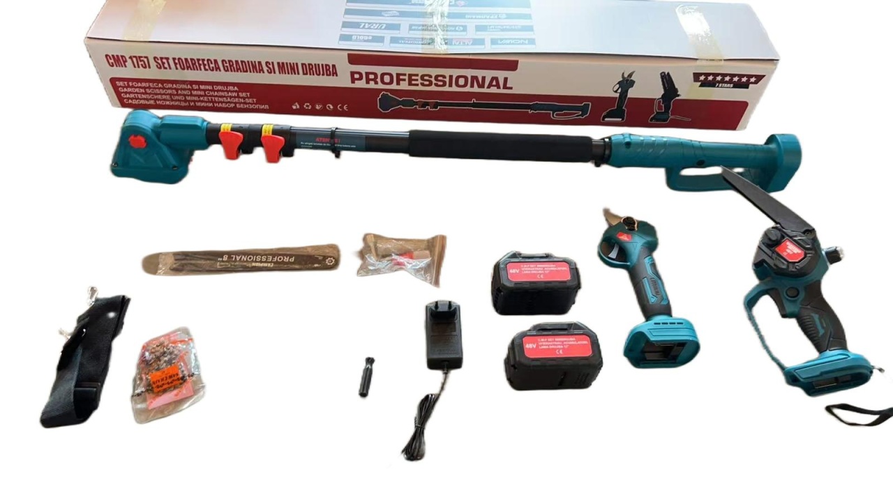 Reducere 23% – Set Foarfeca de Gradina și Mini Drujba 48V 8Ah , 2 Acumulatori, Brat Telescopic 2 m, Unghi Reglabil de Taiere electrica CMP1757 2 2 Acumulatori
