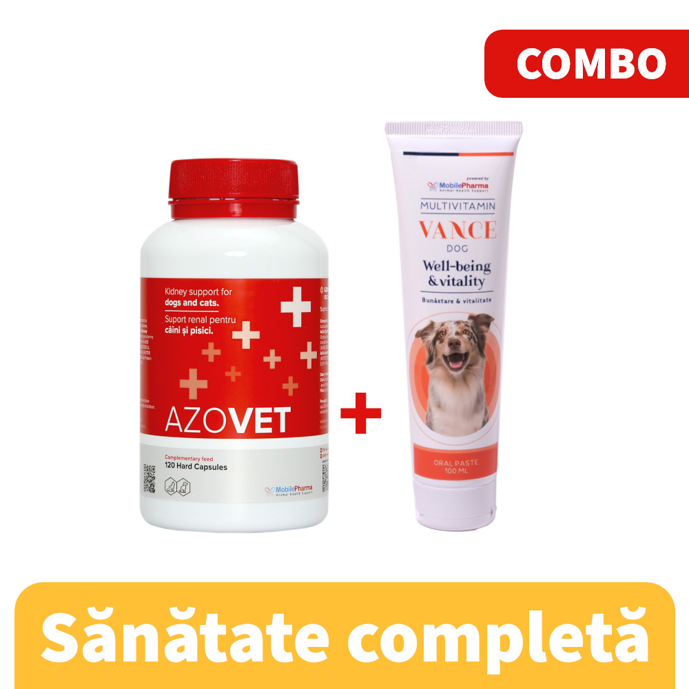 Reducere 12% – AZOVET - 120 CAPSULE + VANCE MULTIVITAMIN CAINI - PASTA ORALA 100 ML 1 AZOVET - 120 CAPSULE + VANCE MULTIVITAMIN CAINI - PASTA ORALA 100 ML