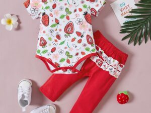 Body Fetite Cu Pantaloni Rosii Capsuni - 9-12 luni