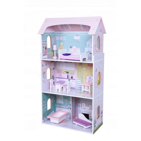 Reducere 15% – Casuta de Papusi Ecotoys, lemn, mobilier, 3 etaje, multicolor KID065289 1 Casuta de Papusi Ecotoys